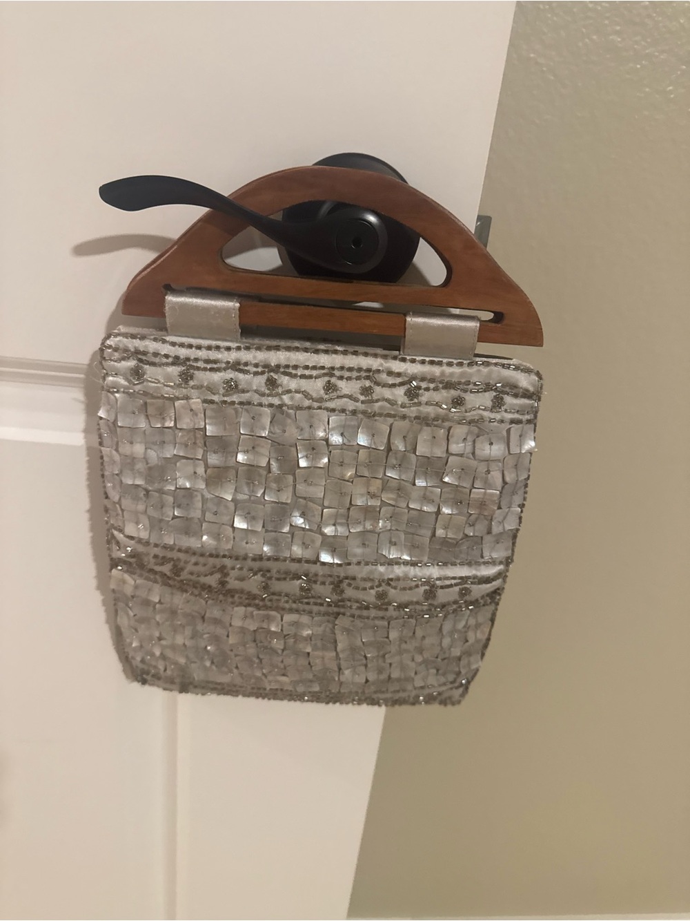 Expressions Silver Beaded Clutch with Wooden Handle